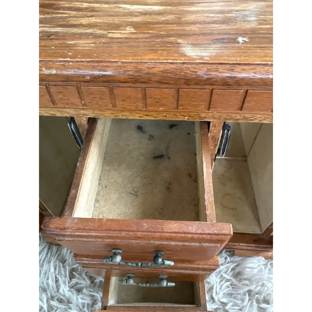 Vintage Wooden Jewelry Box Armoire Etched Glass Doors 4 Drawers Mirror Chest‎